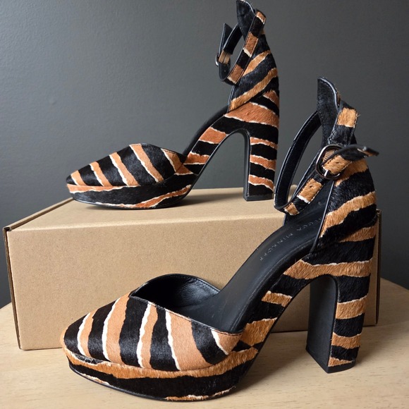 Rebecca Minkoff Tiger Print Cow Hair‎ Fur Ankle Strap Platform Heels Size 7M